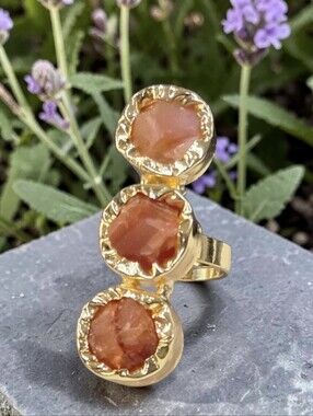 18k Gold Plated 3 Stone Raw Natural Genuine Carnelian Artisan Statement Ring